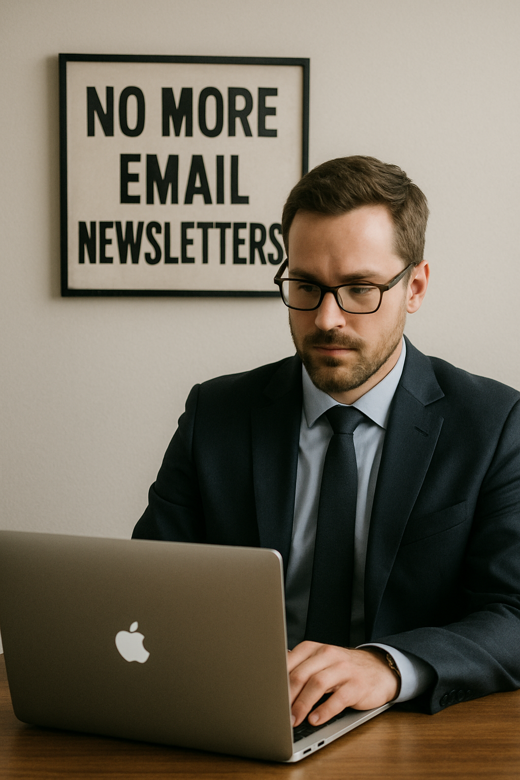 photographic Professional man working on a MacBook laptop In the background on the wall can be sign artwork with the words no more email newsletters